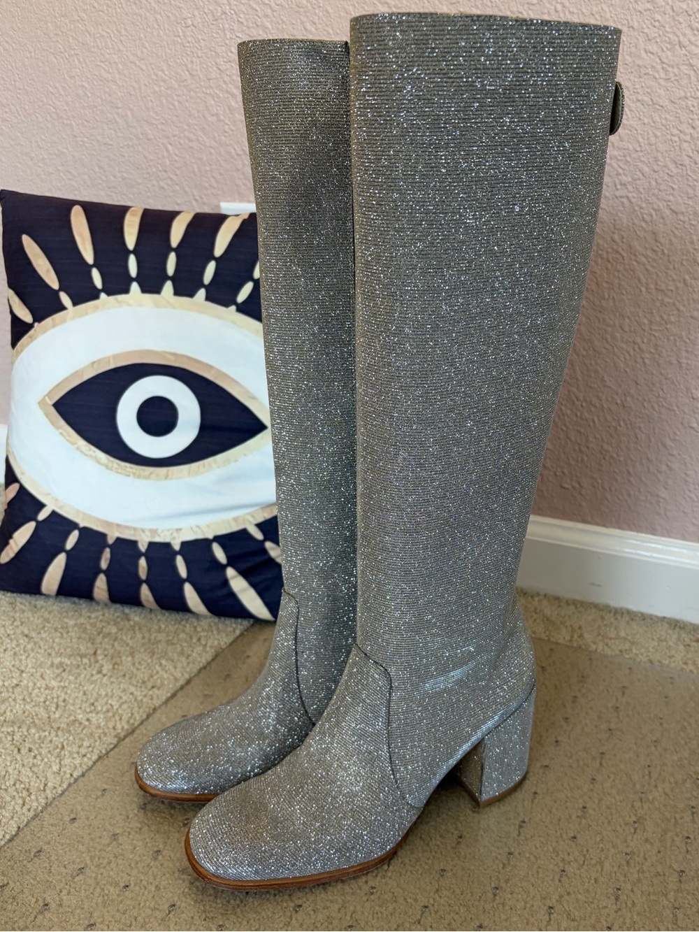 Stuart Weitzman Smashing Platino Sparkle Knee High Boots Silver Gold Glitter 6M